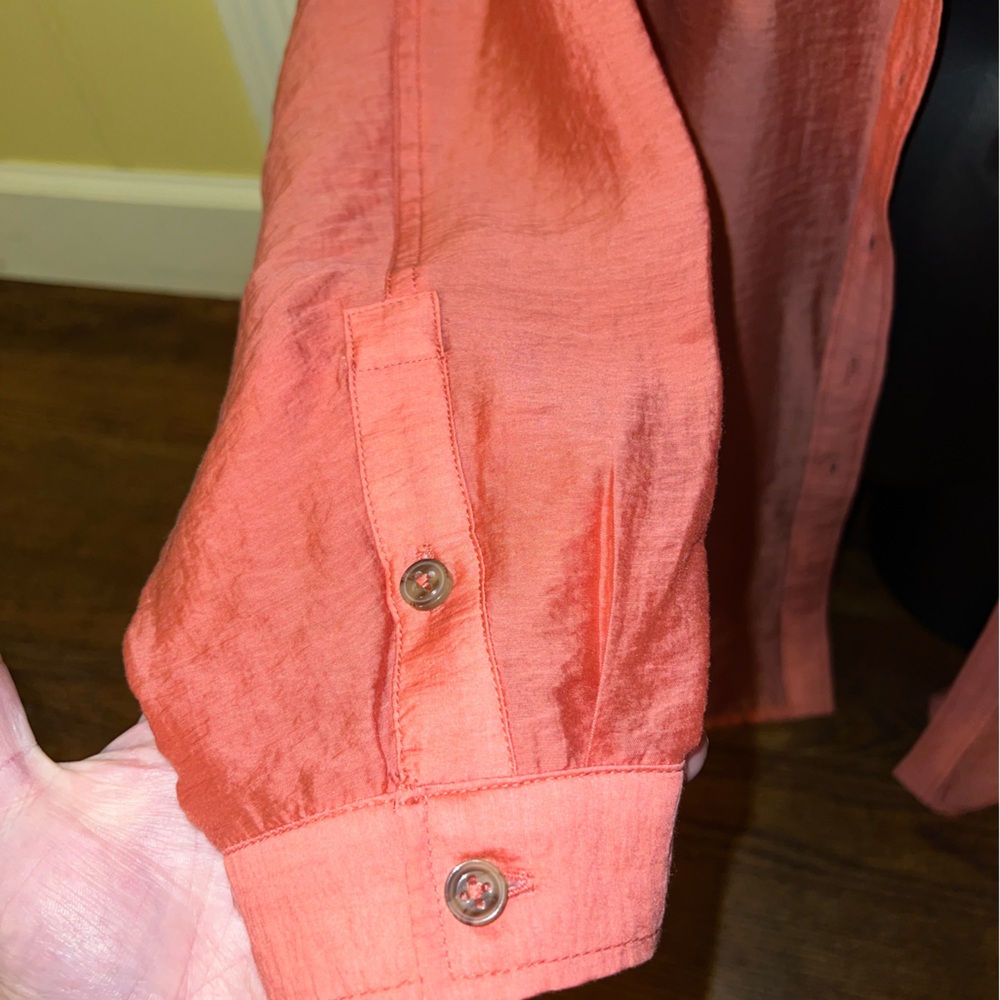 By Anthropologie Sheer Button Down Shirt Coral Pink Long Sleeve Oversized Size S - Picture 6 of 8
